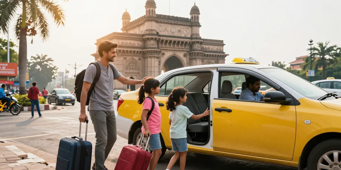 Taxi service for family travel from Mumbai, featuring a happy family entering an outstation cab with the Gateway of India in the background.