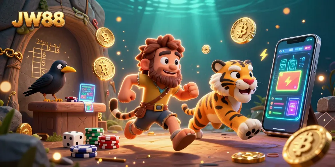 Engage with JW88's thrilling prehistoric casino, showcasing a caveman, tiger, and crow amidst a dynamic crypto-infused backdrop.