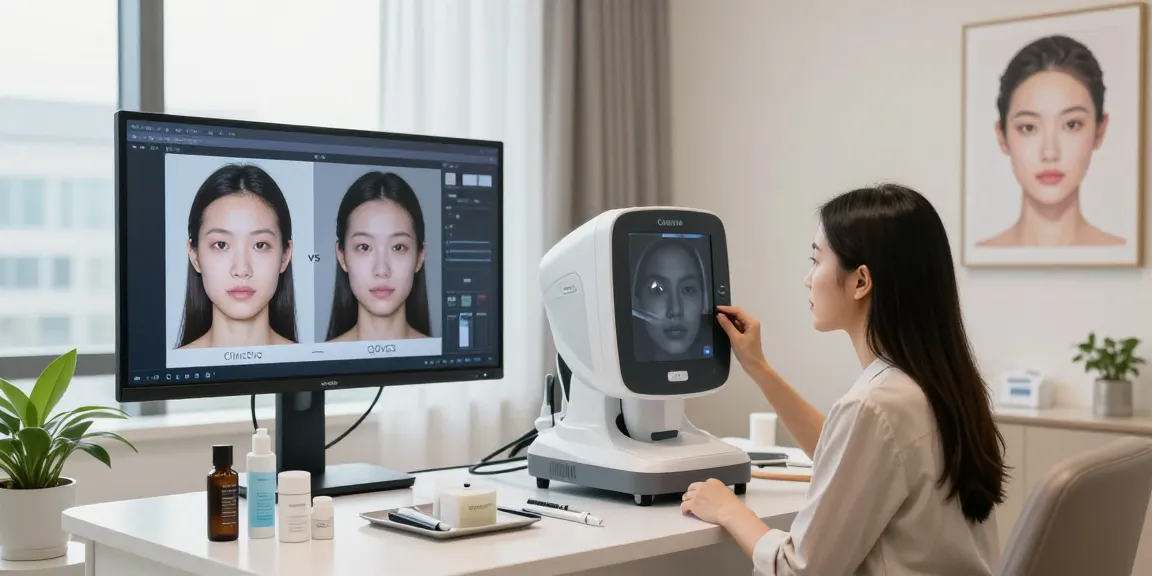 Beauty analysis scene with ClinicEvo vs QOVES comparison in a modern consultation room.