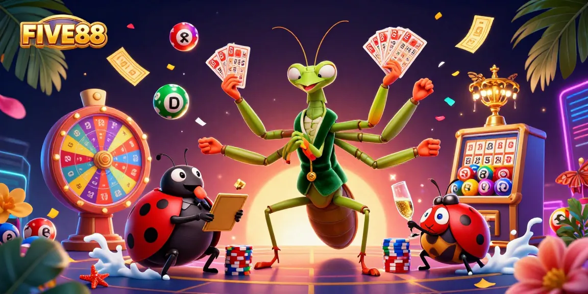 Engage with FIVE88 and experience vibrant lottery excitement with animated characters and colorful elements.