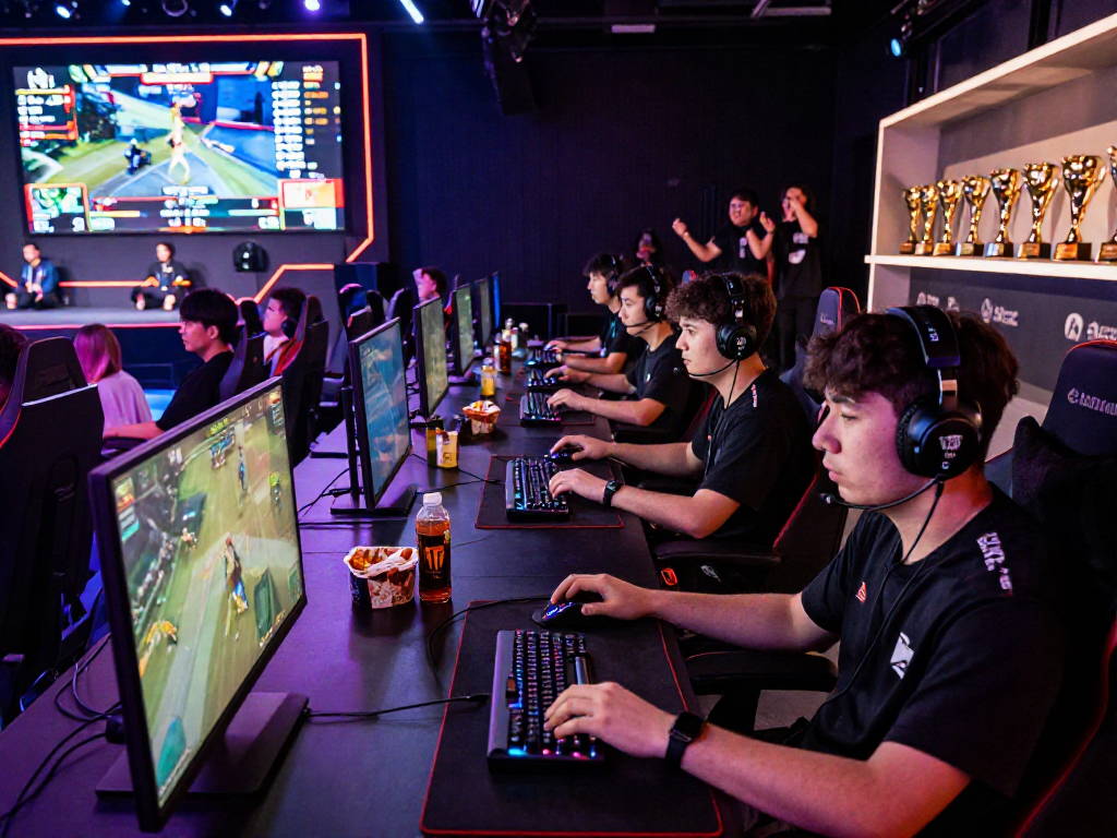 Gamers competing in an esports arena showcasing lavowin gaming technology during an intense match.