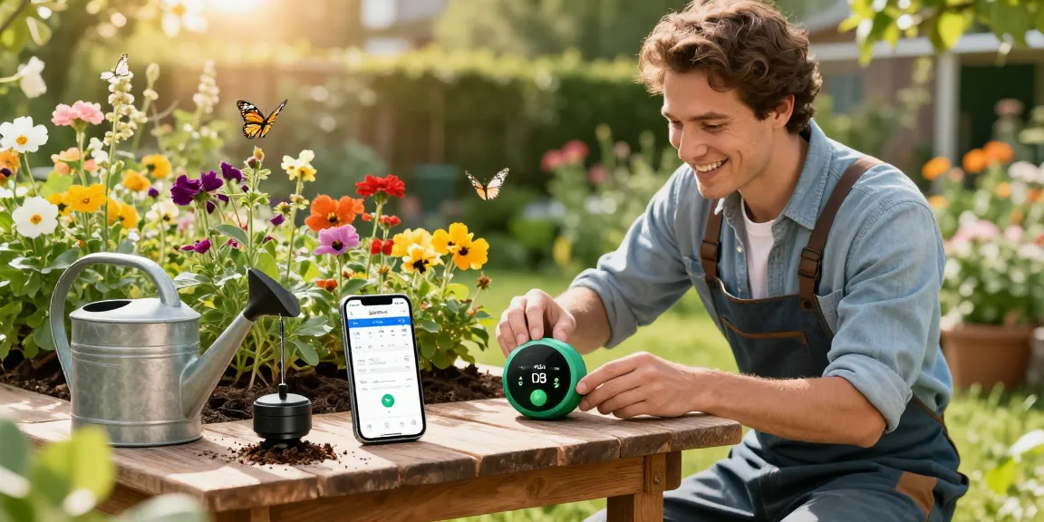 Gardener using the RainPoint WiFi water timer to manage a flourishing garden, highlighting ease of use and effective irrigation.
