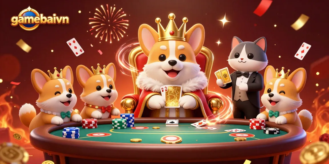 Experience poker royalty with gamebaivn as a corgi royal and butler present golden cards and colorful poker elements.
