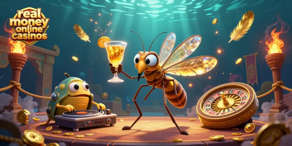 Engage with real money online casinos in a vibrant 3D casino scene featuring unique characters and dynamic elements.
