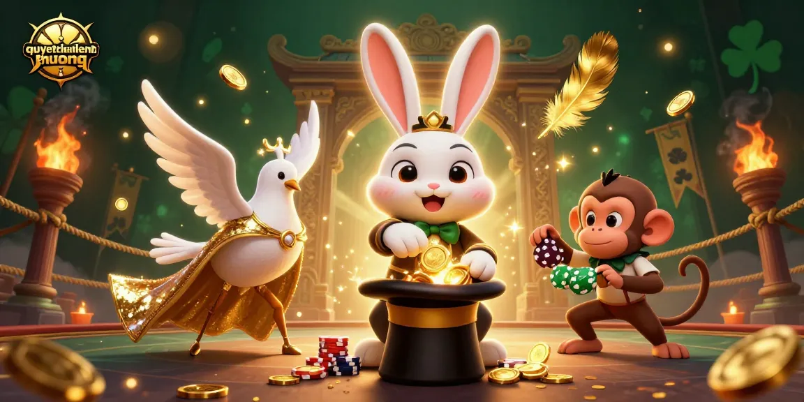 Engage with the thrilling action of quyetchientienthuong where a magician rabbit pulls coins amidst a vibrant casino scene.