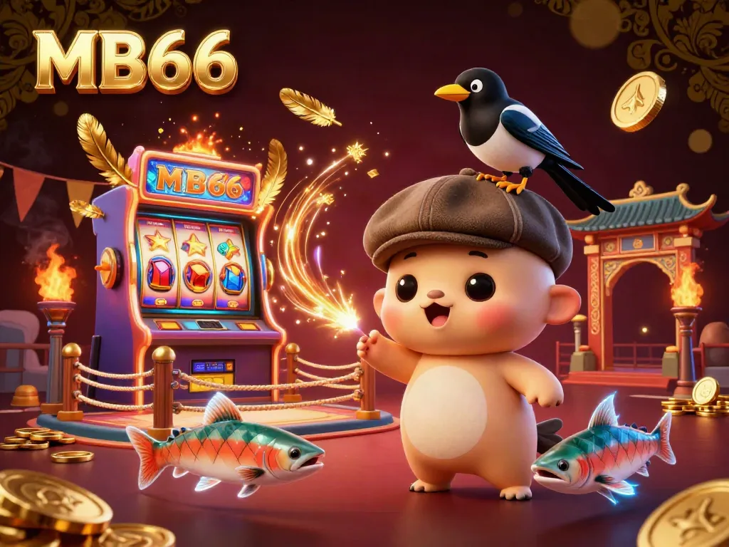 Experience the excitement of MB66 Casino with a lively scene featuring 3D cartoon baby Nessie and dynamic gambling elements.