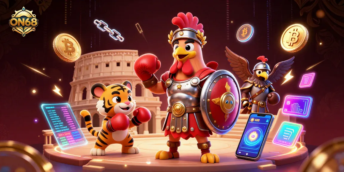 Engage in exciting betting activities at ON68 with immersive 3D illustrations featuring vibrant characters and casino elements.