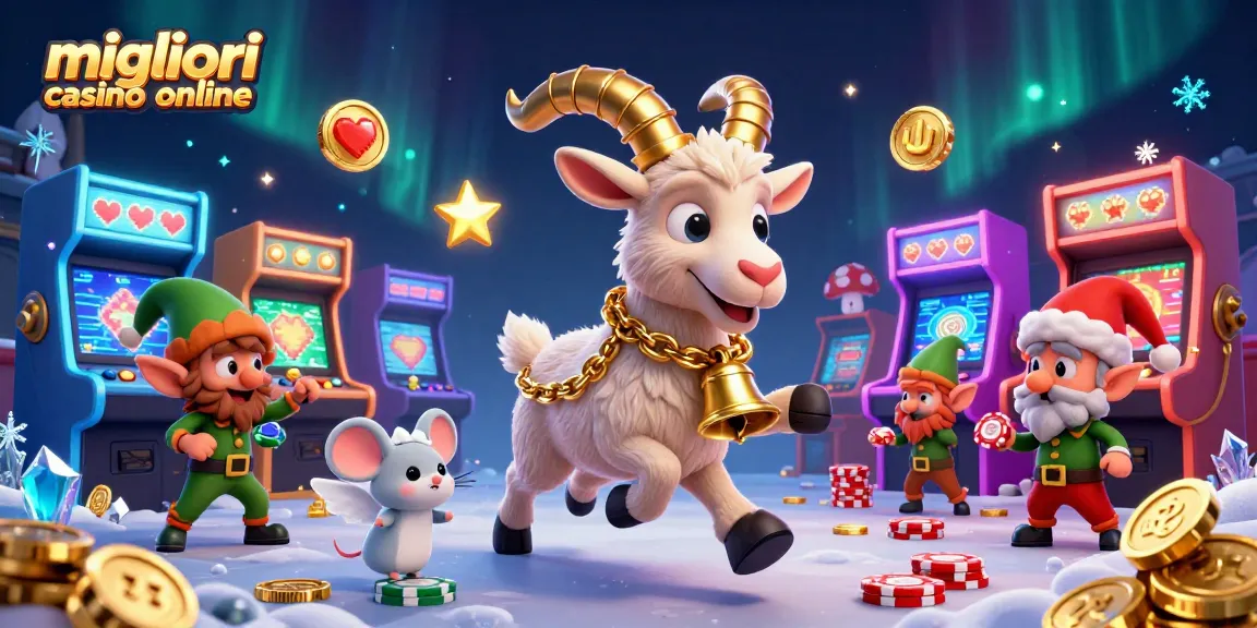 Migliori casino online con una scena vivace di un Krampus in un casinò festivo con giochi arcade
