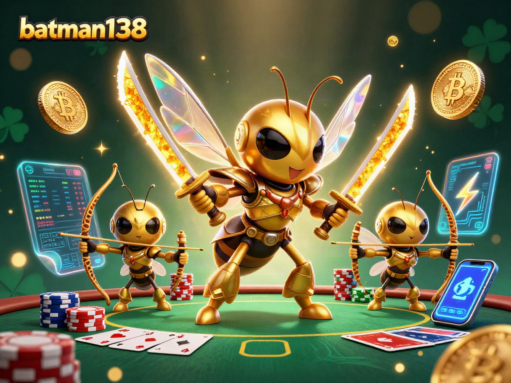 Experience the thrilling action of batman138 as giant hornets engage in a poker showdown with glowing crypto coins.