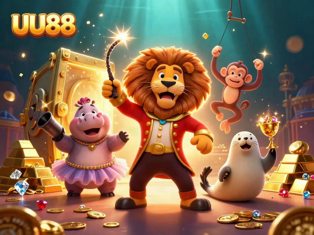 Experience the thrill of UU88 with a lively casino scene showcasing playful characters and golden winnings.