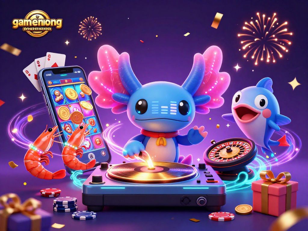 Experience vibrant gaming action with gamenongtraivuive as a neon axolotl DJ leads a colorful casino party.