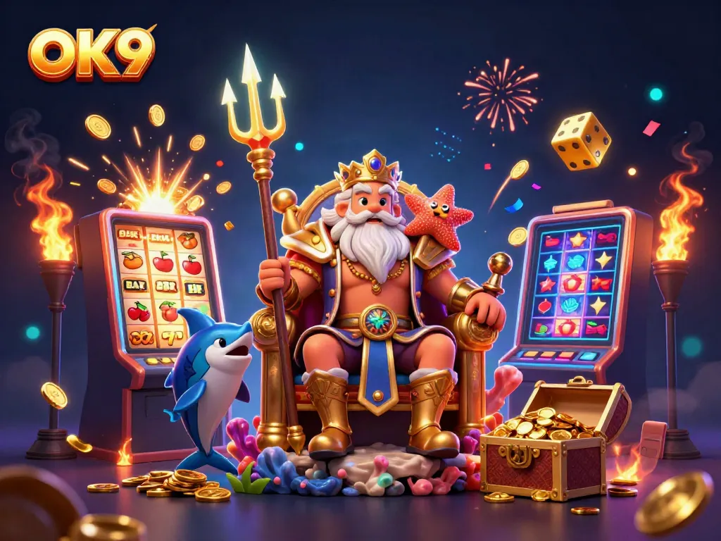 Engage with OK9's thrilling casino experience featuring vibrant slot machines and characters.