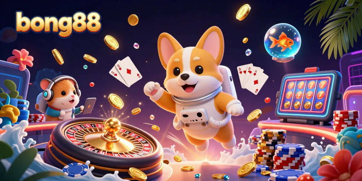Experience gaming excitement with bong88 amid floating coins, slots, and vibrant 3D characters.