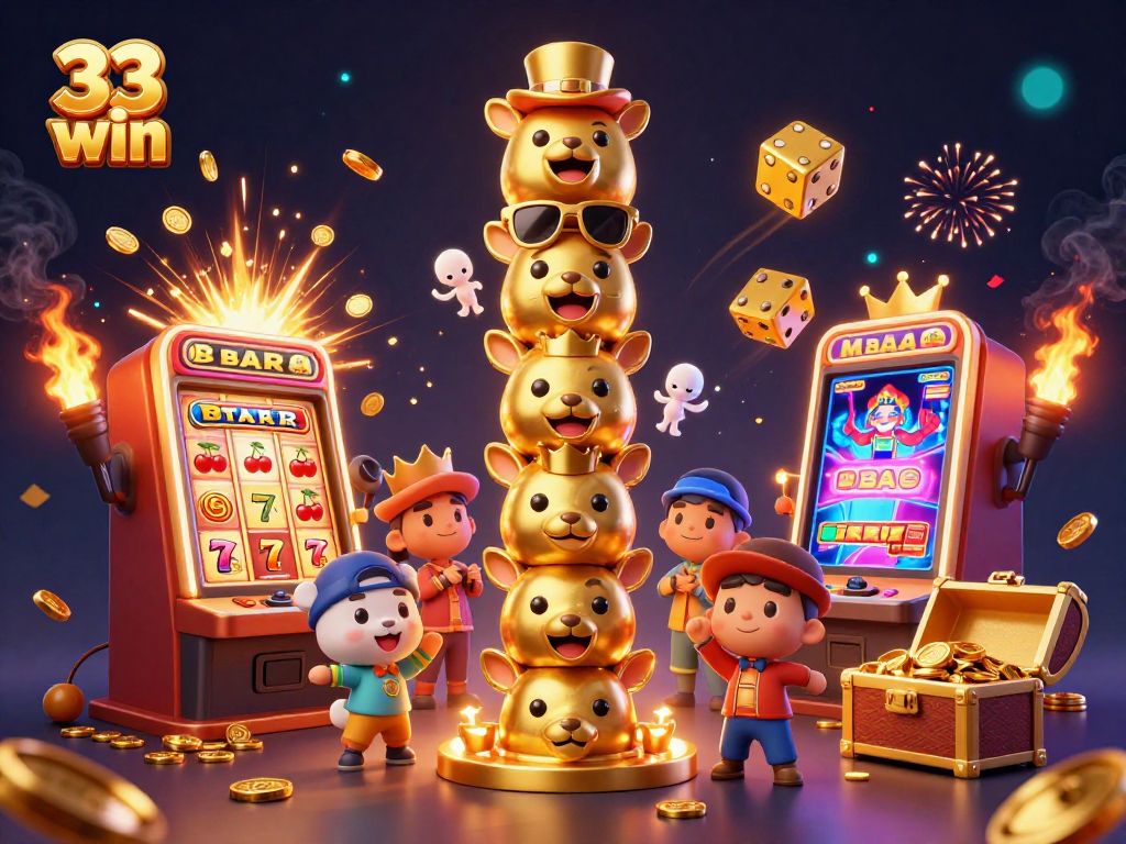 Win big with 33 win in this vibrant 3D casino illustration showcasing a totem pole and jackpots.