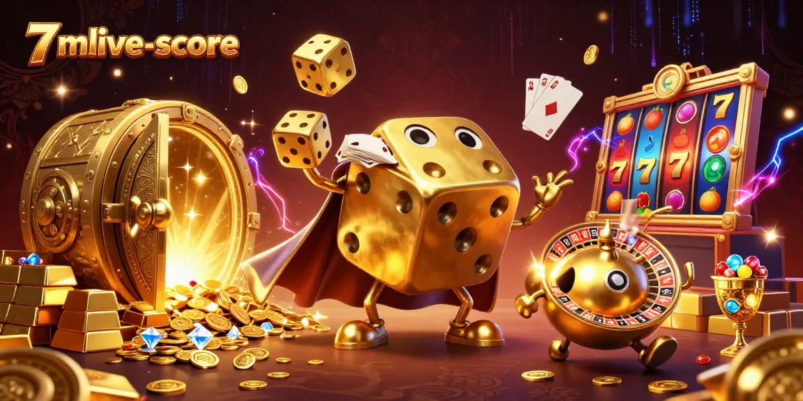 Engage with 7mlive-score's lively casino scene featuring a golden dice golem juggling elements of chance.
