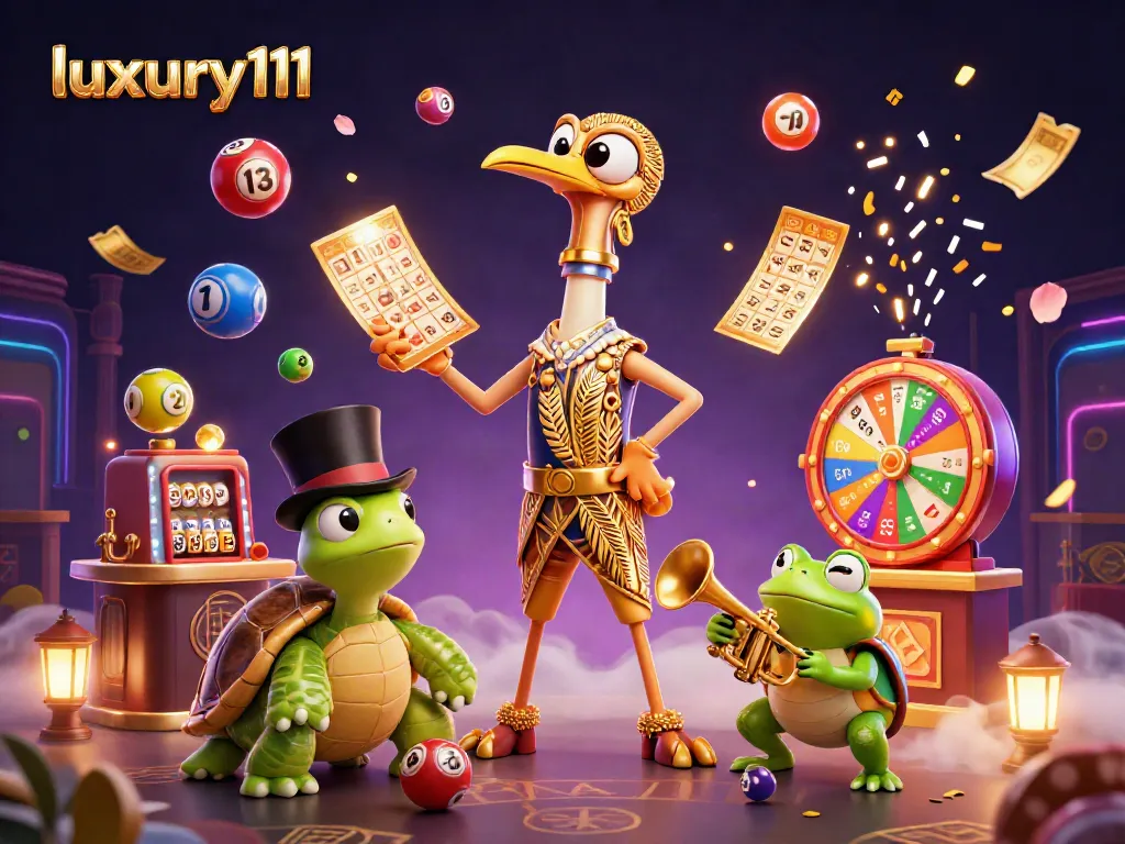 Spin and win with luxury111 in this vibrant 3D casino-themed illustration featuring lively characters and colorful game elements.