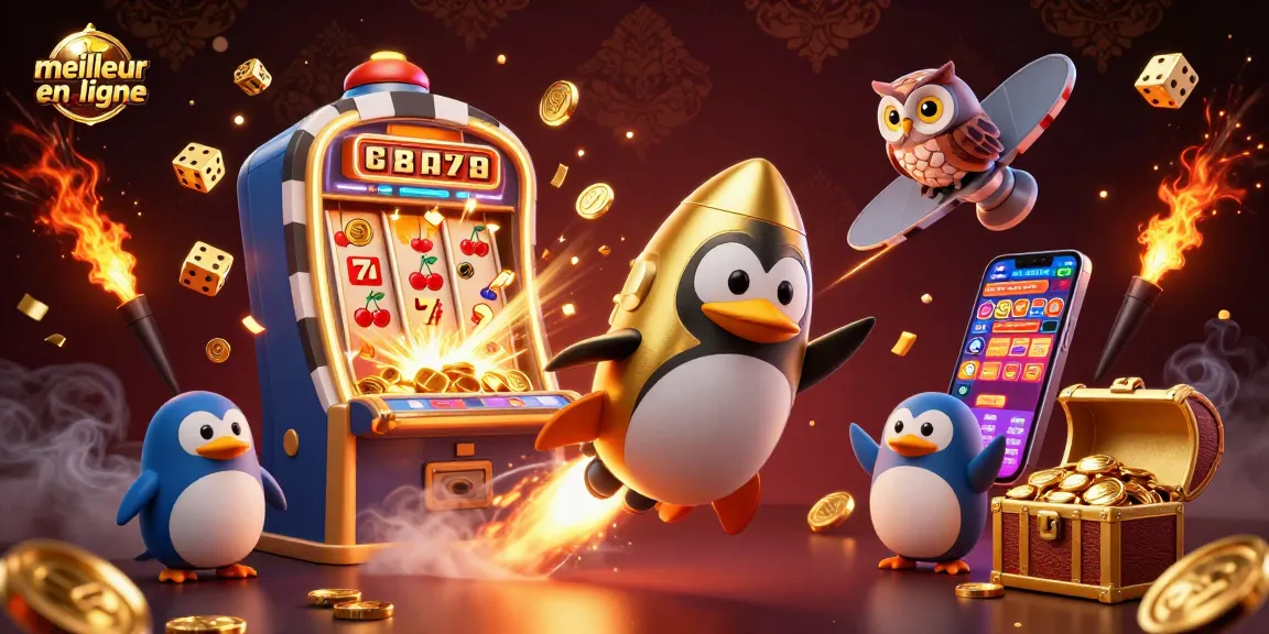 Illustration dynamique représentant le meilleur casino en ligne avec un pingouin doré et des symboles de jeux de casino.