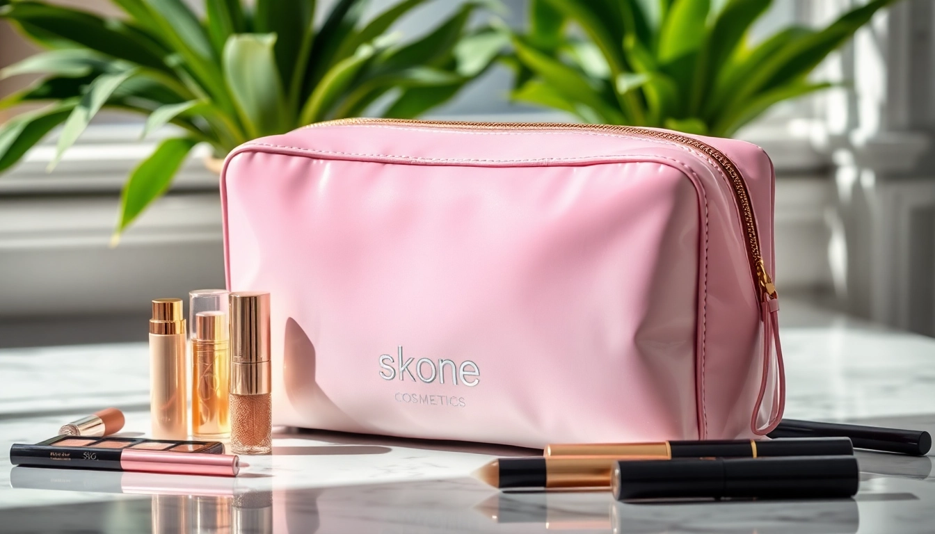 Showcase skone cosmetics signature makeup bag on a marble surface with lush greenery.