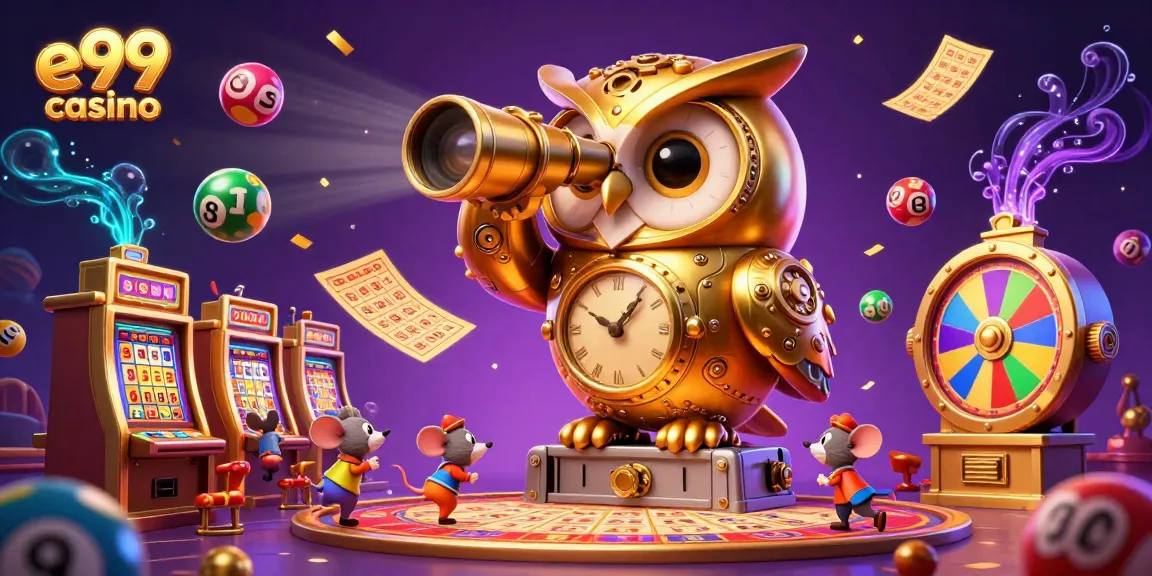 Win big at e99 casino with the dynamic scene of a golden owl and lucky mice amidst colorful gaming elements.