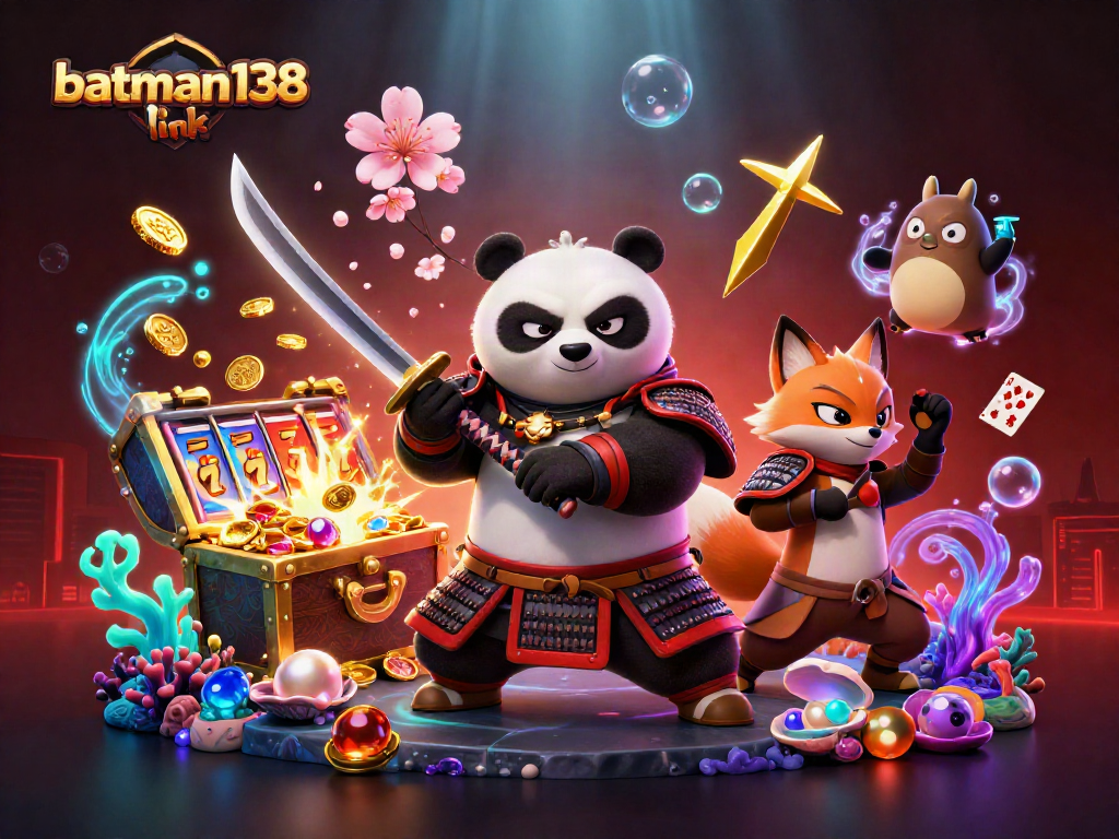 Engage with the batman138 link while experiencing a vibrant 3D casino scene featuring samurai panda and ninja fox.