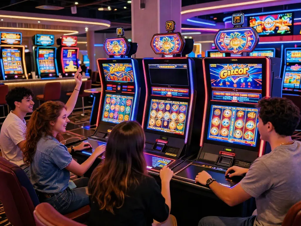 Exciting casino scene showcasing friends celebrating a win at slot gacor machines amid colorful neon lights.