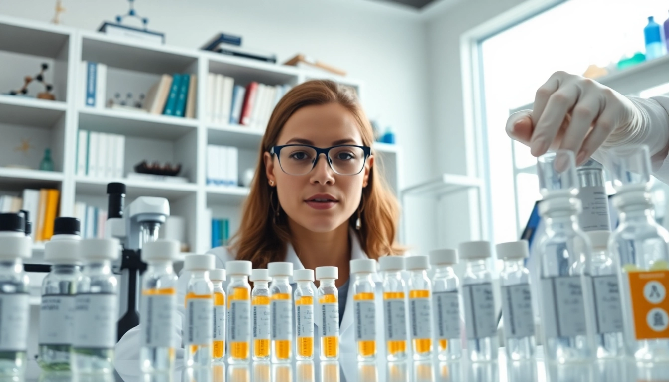 Examining COA tested peptides in a professional lab environment with detailed scientific equipment.