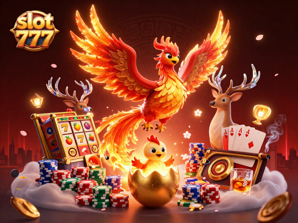 Experience slot 777 excitement with our vibrant 3D illustration of phoenixes and casino elements.