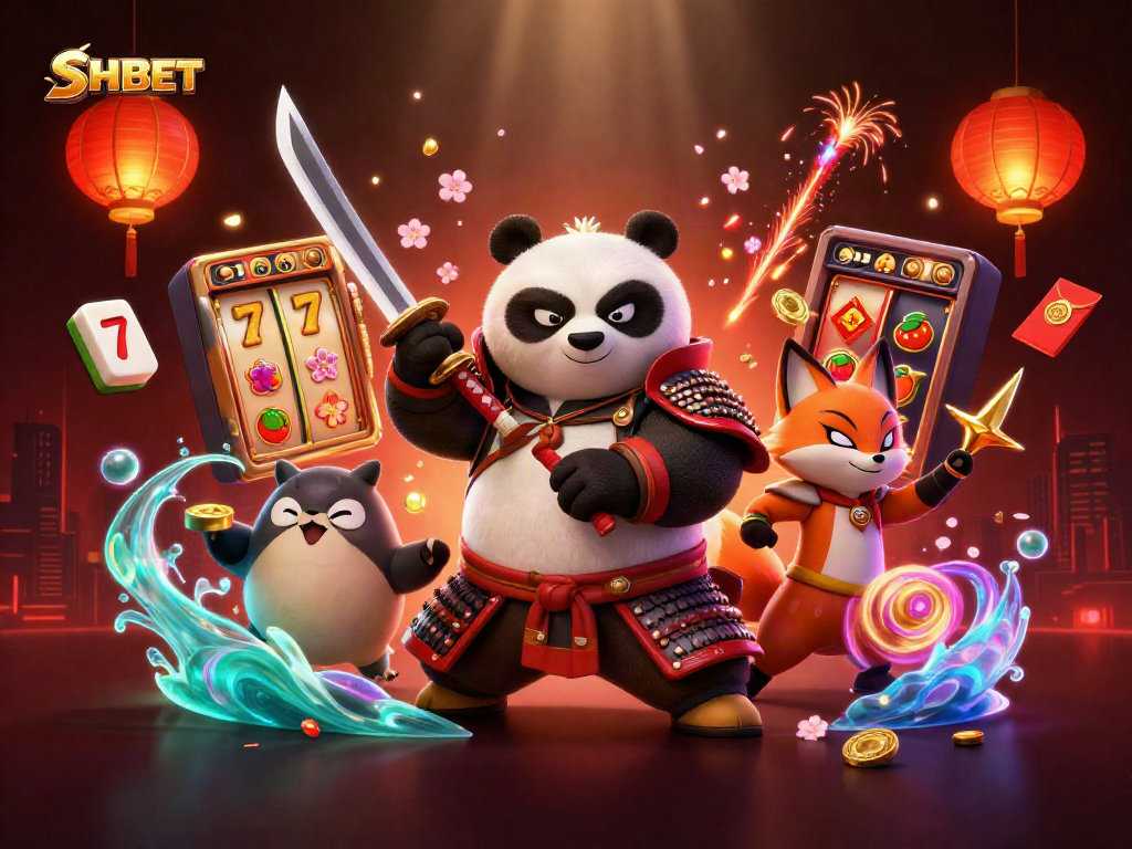 Experience the thrill of SHBET with a vibrant 3D casino scene featuring samurai panda and dynamic game elements.