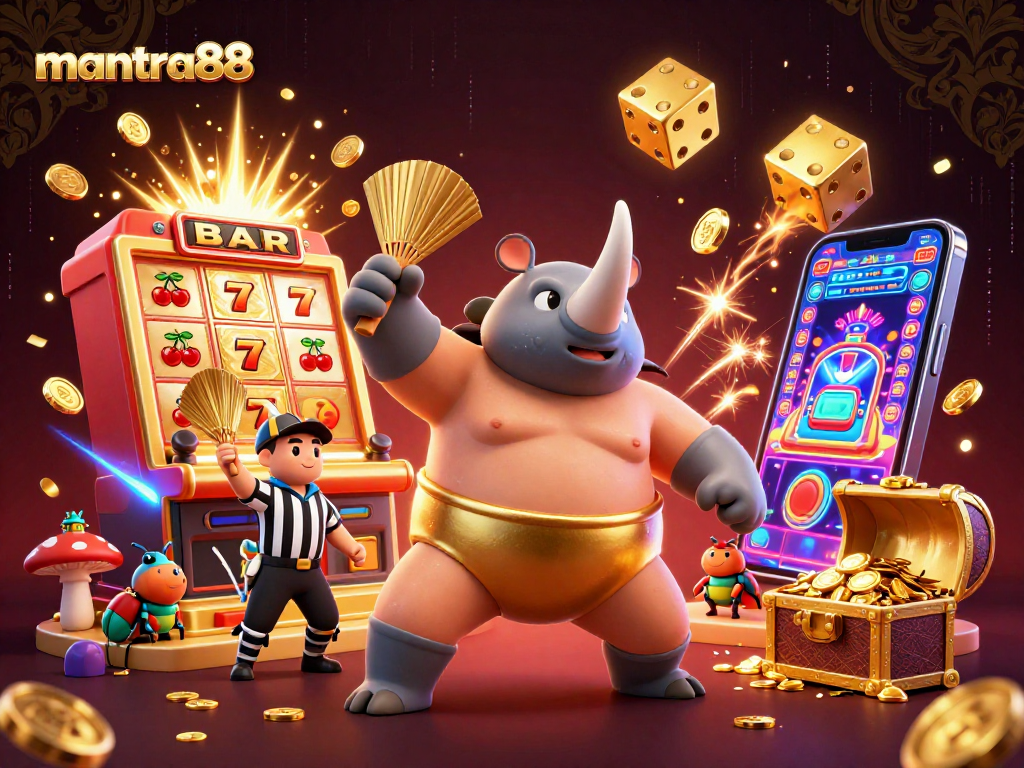 Experience the excitement of mantra88 with thrilling slot action in this dynamic 3D illustration.
