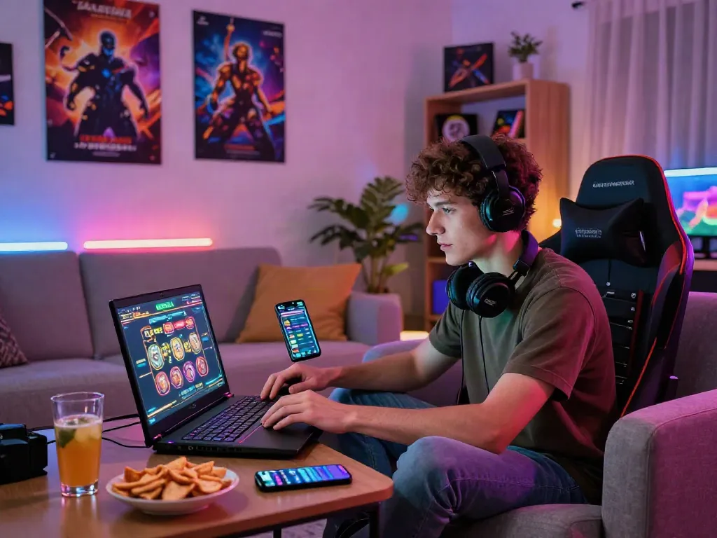 Exciting scene of a gamer playing slot gacor games at home with vibrant LED lighting and gaming gear.