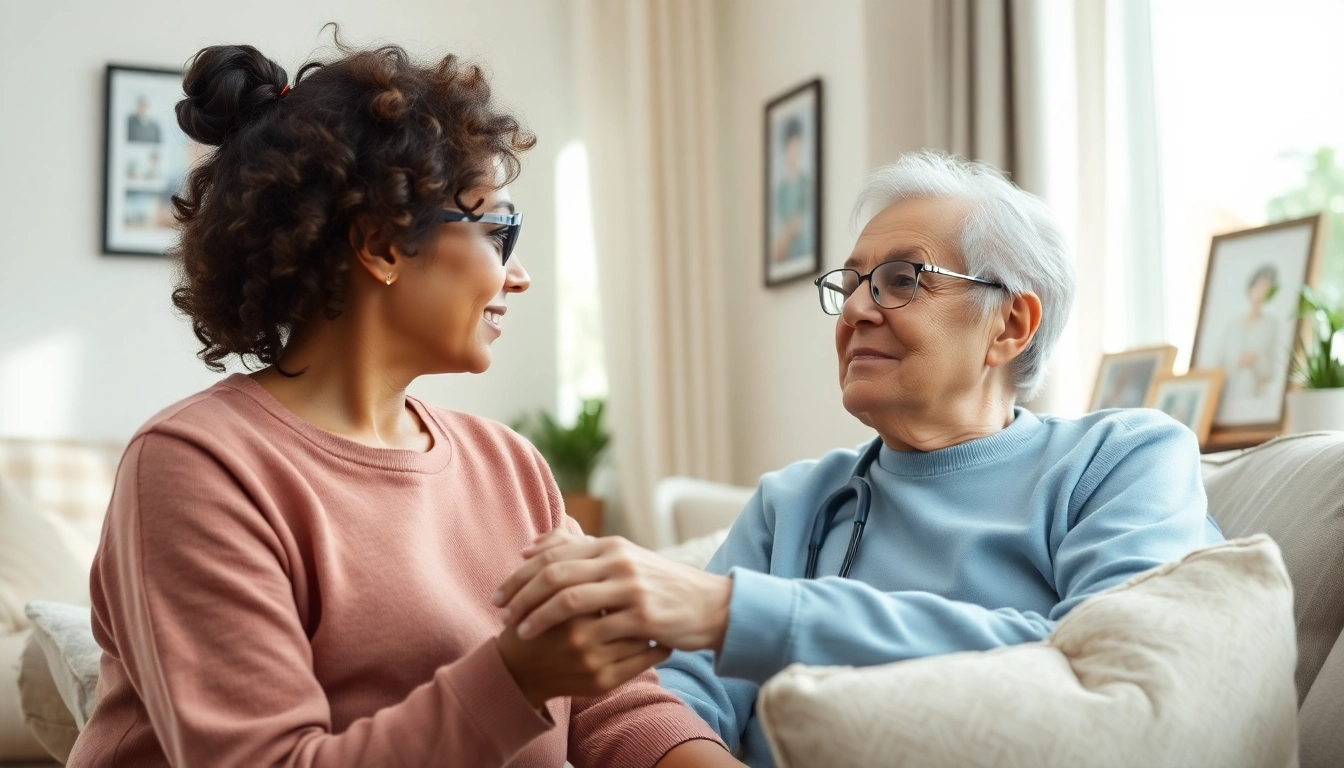 Providing memory care at home central texas in a cozy living room setting with caregiver and elderly client.