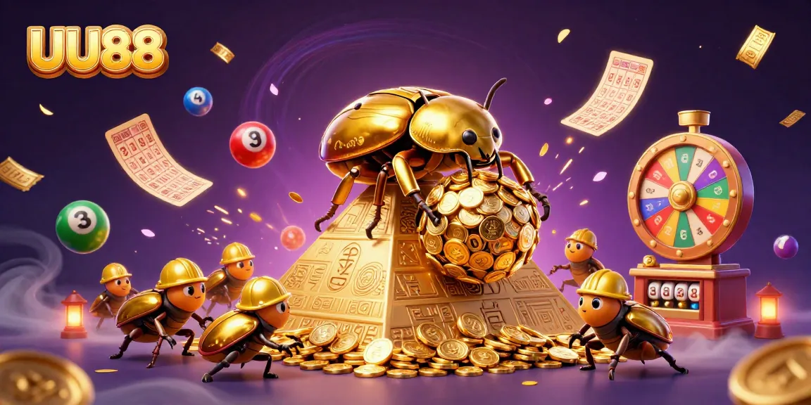Experience the excitement of UU88 with a vibrant scene featuring golden beetles and dynamic lottery elements.