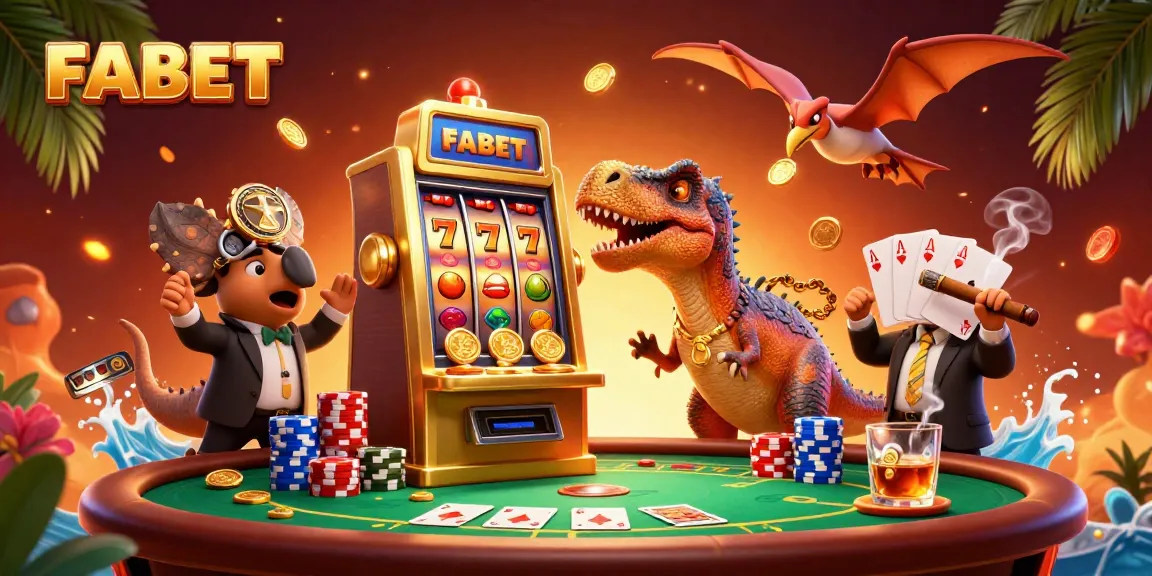 FABET jackpot success with a dinosaur theme, featuring slot machine action.