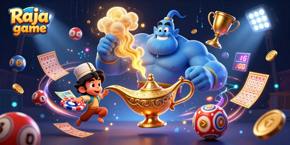 Engage in thrilling lottery games on Raja game with vibrant 3D illustrations of winning elements and characters.
