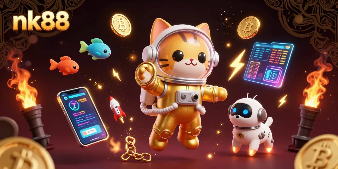 Experience immersive gaming at nk88 with a vibrant 3D digital illustration of a space-themed casino adventure.