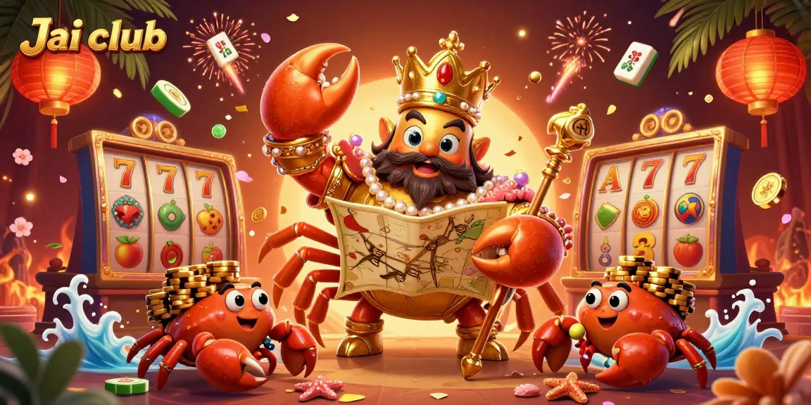 Engage with Jai club's vibrant casino scene featuring a golden crab emperor amidst swirling spinning slots and gaming elements.