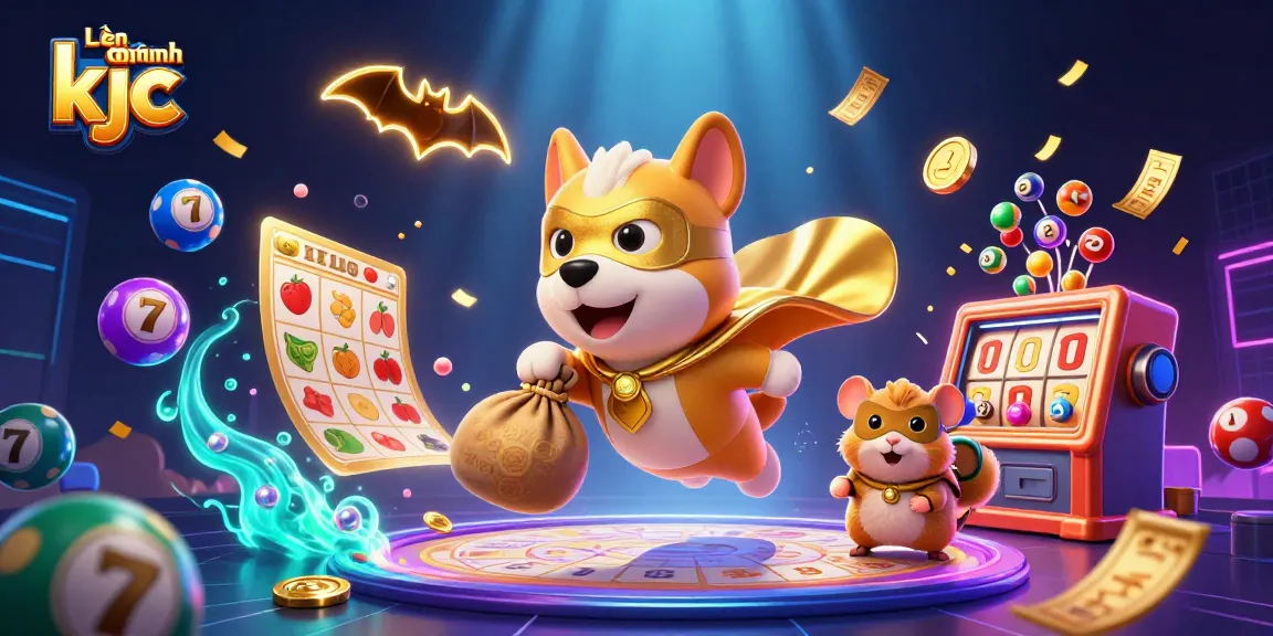 Experience the excitement of Liên minh kjc as the superhero dog soars while carrying gold coins amidst colorful lottery elements.