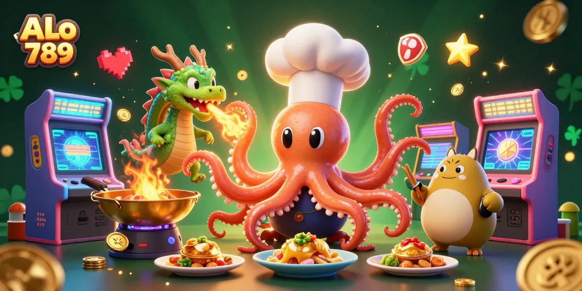 Experience dynamic gaming with ALo 789 where a whimsical octopus chef and dragon interact amid colorful gambling elements.