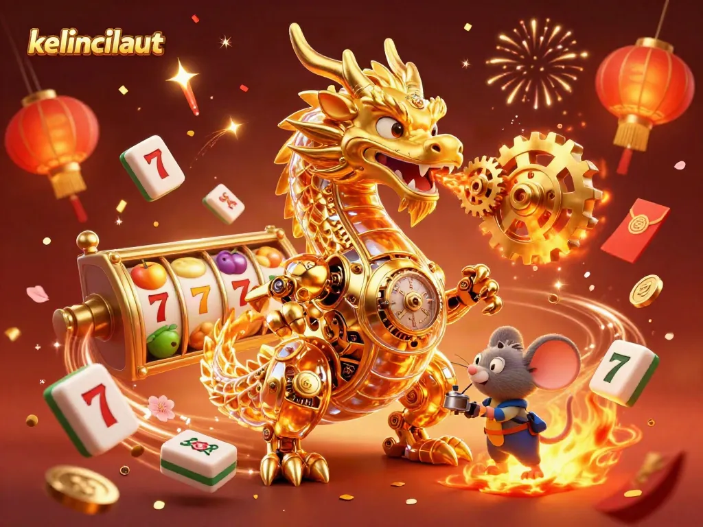 Join the excitement of kelincilaut with vibrant slot reels and a mechanical dragon illustration.