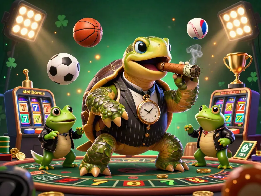 Experience the excitement of slot bonus action with a lively 3D turtle casino scene featuring dynamic elements and vibrant colors.