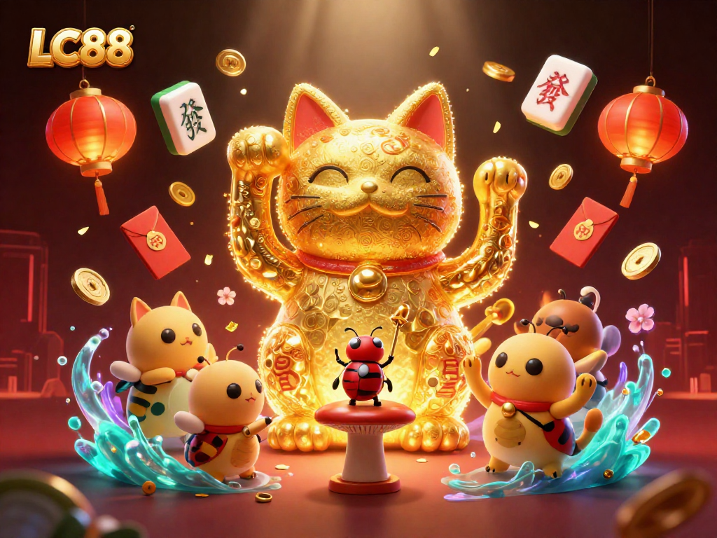 Engage with exciting games at LC88, featuring a vibrant illustration of the lucky cat and dynamic casino symbols.