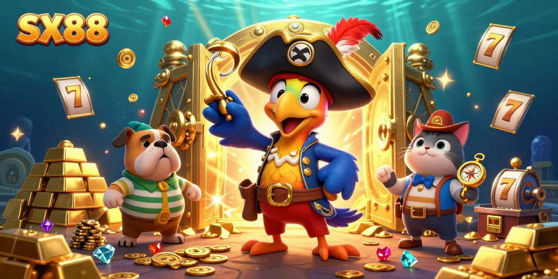SX88 pirate captain directing treasure adventure with jewels and slot reels in vibrant online casino scene.