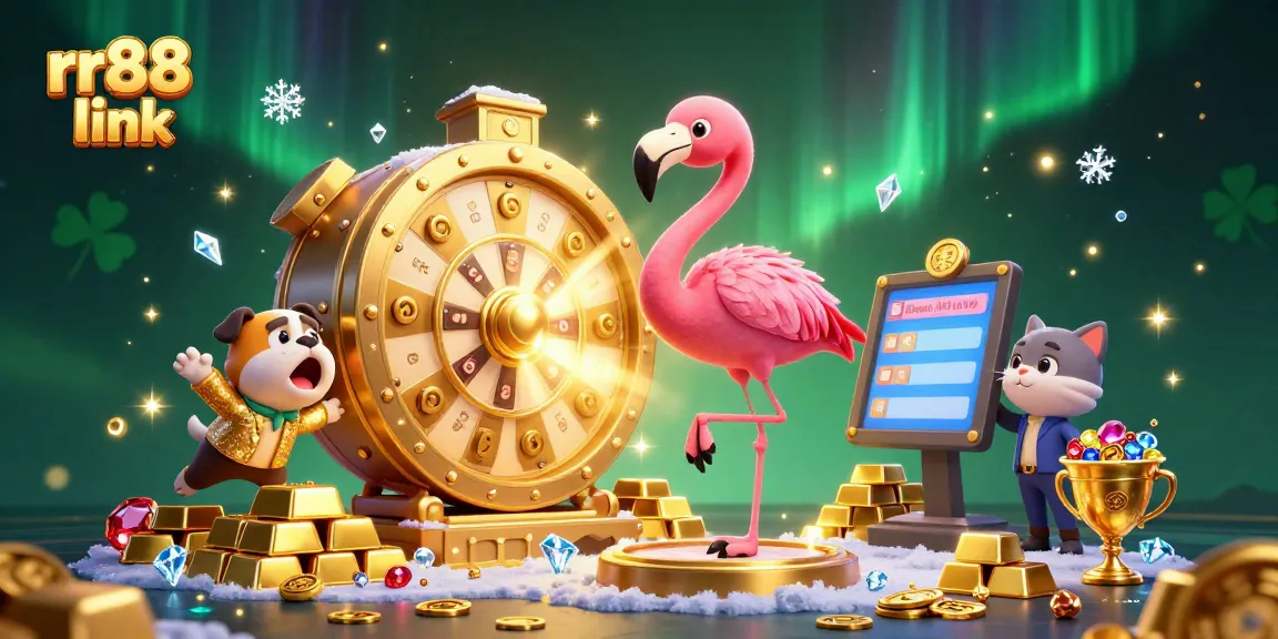 Spin the rr88 link prize wheel with vibrant characters for big wins in this 3D casino scene.