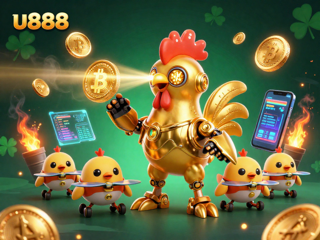 Engaging u888 gaming experience with dynamic casino characters and crypto elements.