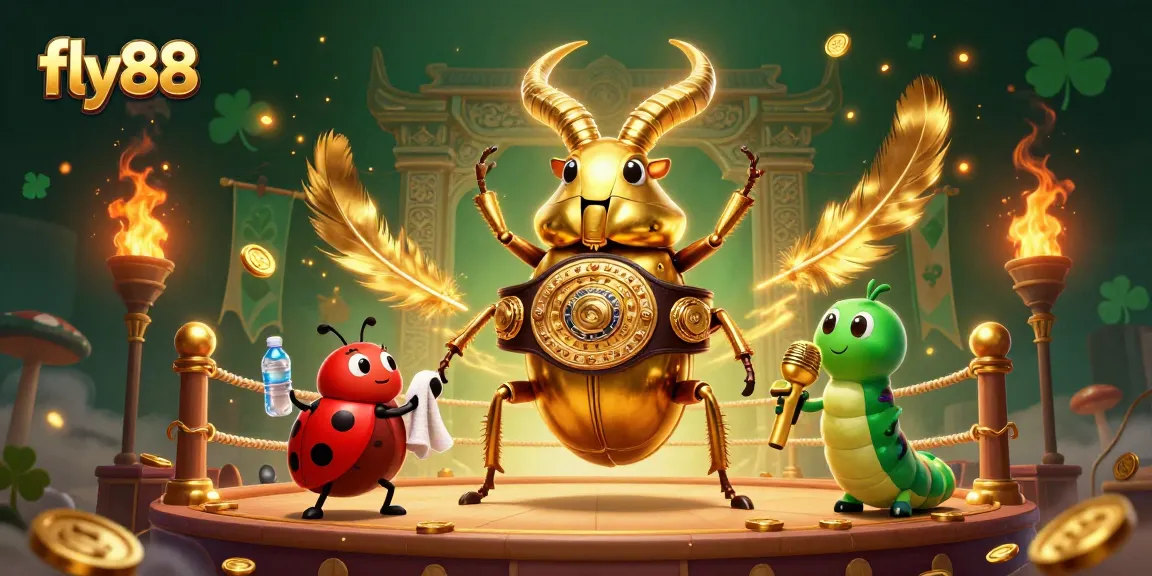 Engage with fly88's thrilling gaming experience featuring a powerful golden stag beetle battling in a vibrant casino arena.