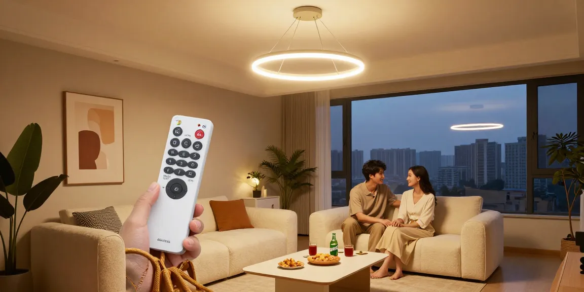 Lustra cu telecomanda elegantă suspendată în living, iluminând un spațiu modern și primitor.