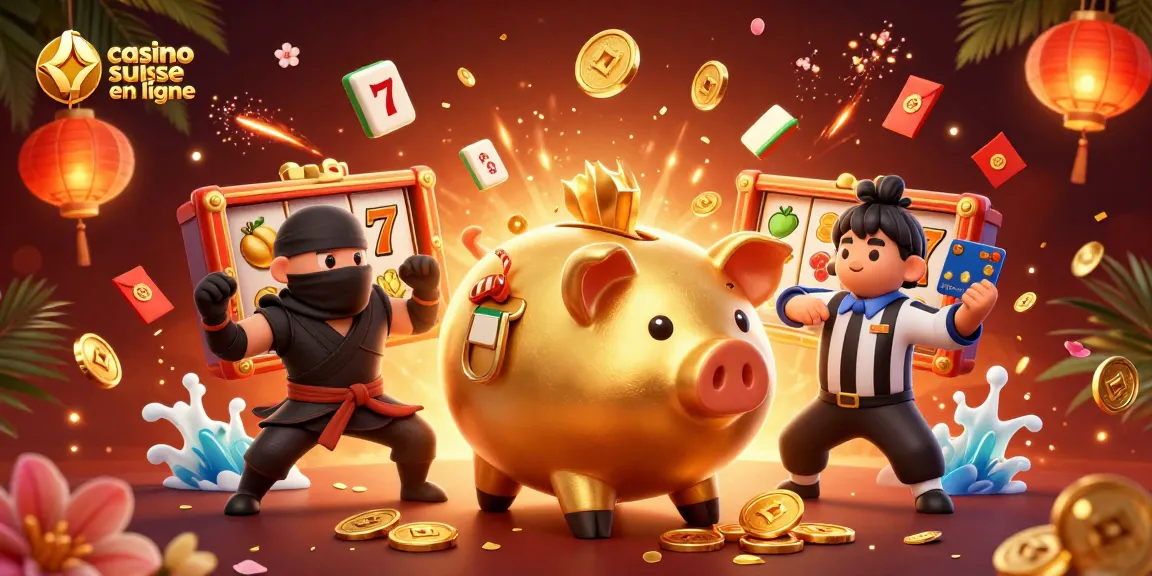 Illustrez le thème du casino suisse en ligne avec une scène dynamique de personnages 3D et des éléments de jeu riches.