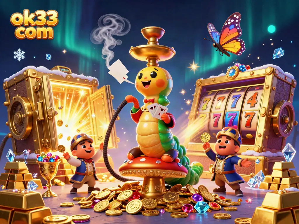 Engage in vibrant gameplay with ok33 com amidst lively casino symbols, dynamic characters, and rich treasures.