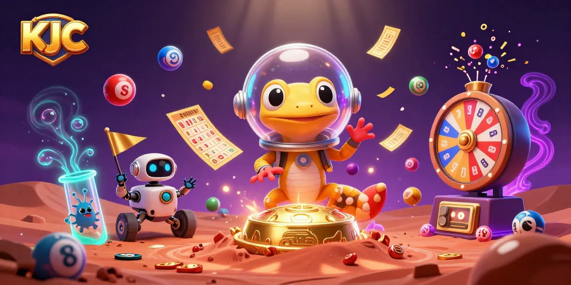 KJC Martian gecko explores futuristic casino, surrounded by vibrant lottery elements.
