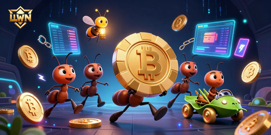 LLWIN offers an exciting adventure with ants stealing a giant poker chip amidst vibrant casino elements.